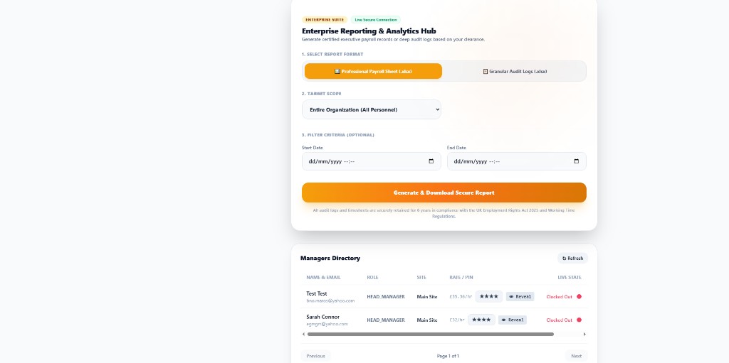 Payroll report hub and managers directory